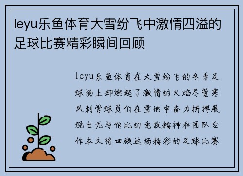 leyu乐鱼体育大雪纷飞中激情四溢的足球比赛精彩瞬间回顾